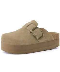 CUSHIONAIRE Women’s Granola Genuine Suede Cork Footbed Platform Clog with +Comfort, Wide Widths Available, Khaki 8.5