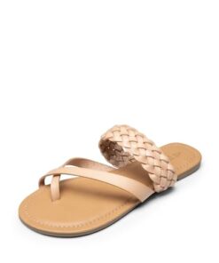 DREAM PAIRS Women’s Slip On Leather Braided Flip Flops Casual Cross Band Thong Slide Flat Sandals for Summer Beach Walking,Size 10,NUDE,SDFF2404W