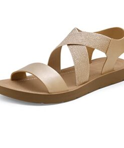 DREAM PAIRS Womens Open Toe Elastic Ankle Strap Flat Summer Sandal, Gold-2-8 (Elena-2)