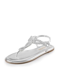 DREAM PAIRS Women’s Flat Sandals Dressy Summer Stappy Comfortable Ankle Elastic T-Strap Beach Thong Sandals,Size 9.5,SILVER,SDFS2406W