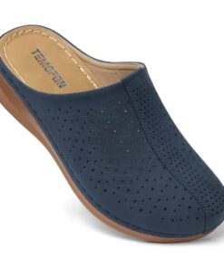 TEMOFON Womens Clogs Mules Slip on: Comfortable Closed Toe Sandals Blue Size 9 Suede Leather with Wedge Heels Dressy Arch Support Walking Shoes