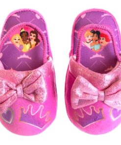 Disney Princess Slippers Cinderella Jasmine Ariel Rapunzel Tianna Belle – Plush Lightweight Warm Comfort Soft Aline Girls toddler House Slipper – Pink Bow (size 5-6 Toddler)