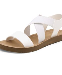 DREAM PAIRS Womens Open Toe Elastic Ankle Strap Flat Summer Sandal, White-2-8 (Elena-2)