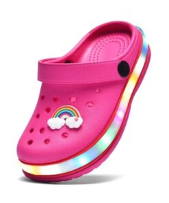 XPKWS Kids’ Clogs Boys Girls LED Garden Shoes Light up Sandals Slip on Quick Dry Beach Slippers (Rose Red, 8 Toddler / 25)