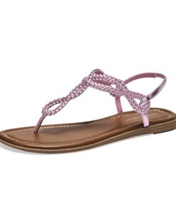 CentroPoint Women’s Braided T-strap Thong Slip On Flat Sandals With Elastic Brand Roman Gladiator Fashion Flip Flop Shoes(Pink PU, Numeric_8)