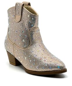 Forever Girls Rhinestone Cowboy Boots Kids Low Heel Dress Booties River-01K Champagne 11