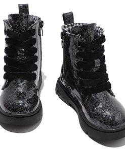 DADAWEN Boys Girls Glitter Ankle Boots Lace Up Waterproof Combat Shoes With Side Zipper for Toddler/Little Kid/Big Kid Black Glitter US Size 3.5 M Big Kid