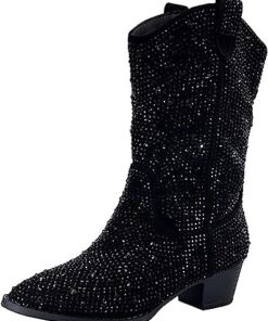 Forever Girls/Kids Rhinestone Western Cowgirl Cowboy Pointed Toe Low Heel Boots River-11K Black 4