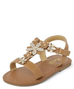 The Children’s Place Baby Girls and Toddler T Sandals with Adjustable Ankle Strap, Tan Flower, 8