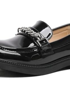 DADAWEN Girl’s Loafers Slip On Round Toe Oxford Shoes Flats Church School Uniform Dress Shoes for Girls (Toddler/Little Kid/Big Kid) Patent Black US Size 4.5 M Big Kid