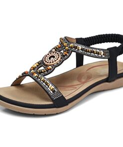 SHIBEVER Flat Sandals for Women Elastic Ankle Strap Open Toe Flats Sandals Boho Beaded Flat Beach Shoes Black 8.5