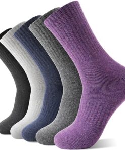 Merino Wool Socks for Women Hiking Warm Winter Thick Boot Thermal Cozy Crew Work Soft Ladies Socks Gift 5 Pack Stocking Stuffers（ Purple/Blue/Black/Grey/Dull Grey）