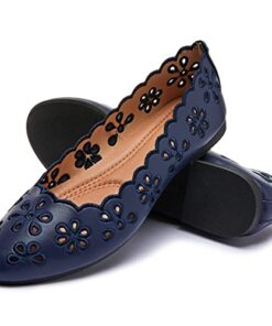 Women’s Ballet Flats Black PU Leather Dress Shoes Comfortable Round Toe Slip on Flats with Floral Eyelets(Navy.US8)