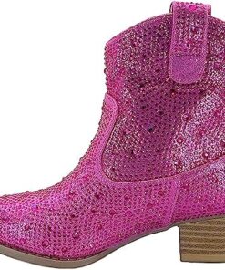 Forever Girls Rhinestone Cowboy Boots Kids Low Heel Dress Booties River-01K Fuchsia 2