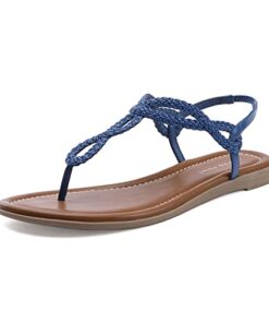 CentroPoint Women’s Braided T-strap Thong Slip On Flat Sandals With Elastic Brand Roman Gladiator Fashion Flip Flop Shoes(Blue PU, Numeric_8)