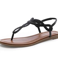 CentroPoint Women’s Braided T-strap Thong Slip On Flat Sandals With Elastic Brand Roman Gladiator Fashion Flip Flop Shoes(Black, Numeric_10)