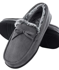 DL Men-Moccasin-Slippers-Indoor-Outdoor, Suede Mens House slippers with Memory Foam, Faux Fur Lining Bedroom Slippers for Men Non slip Outsole