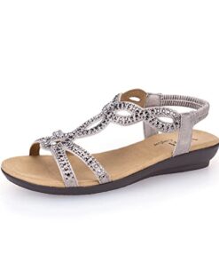 VJH confort Women’s Flat Sandals,Comfort Elastic Strap Rhinestone Open Toe Slip-On Casual Walking Sandals(pewter 9)