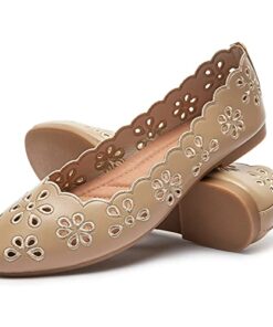 Women’s Ballet Flats Black PU Leather Dress Shoes Comfortable Round Toe Slip on Flats with Floral Eyelets(Apricot.US10)