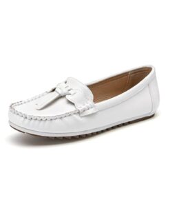 CentroPoint Women’s Flat Penny Loafers Comfy Slip on Dressy Boat Shoes Ladies Casual Office Driving Walking Moccasins(White V1 PU, Numeric_7)