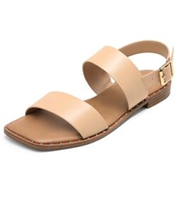 DREAM PAIRS Women’s Summer Casual Dressy Cute Flat Sandals Comfortable Sexy Square-Toe Fashion One Band Strappy Shoes Wide Width, Nude, Size 7, Sdfs222w