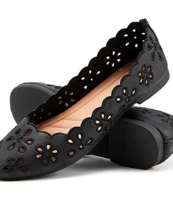 Women’s Ballet Flats Black PU Leather Dress Shoes Comfortable Round Toe Slip on Flats with Floral Eyelets(Black.US7)
