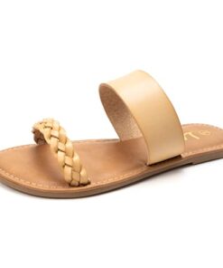 LM Women’s Braided Slide Sandals Open Toe Two Strap Slip On Flat Sandals Casual Summer Shoes (Beige, numeric_11)