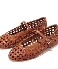 Molozoey Metal Woven Mesh Ballet Flats for Women with Metal Buckle Strap Ballerina Flat Shoes Comfortable Mary Jane Flat. BROWNWOVEN.