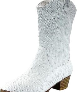 Forever Girls/Kids Rhinestone Western Cowgirl Cowboy Pointed Toe Low Heel Boots River-11K Ivory 2