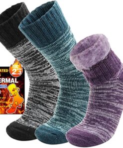 Welwoos Heated Thermal Socks for Women & Men Winter Warm Ski Thick Boot Insulated Gift Socks Stocking Stuffers for Women 3 Pairs (Purple & Blue & Grey B,M)