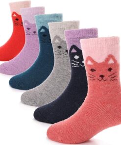 ANTSANG Kids Wool Hiking Socks Toddlers Boys Girls Winter Warm Thick Thermal Crew Boot Heavy Cozy Snow Cabin Gift Snowboarding Socks 6 Pairs for Child(Cat,4-7Y)