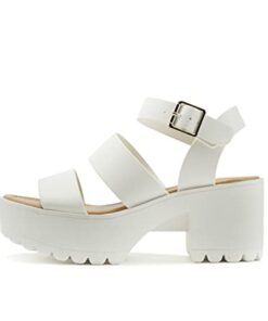 Soda ACCOUNT ~ Women Open Toe Two Bands Lug sole Fashion Block Heel Sandals with Adjustable Ankle Strap (White, numeric_9)