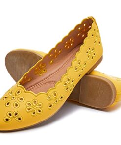 Women’s Ballet Flats Black PU Leather Dress Shoes Comfortable Round Toe Slip on Flats with Floral Eyelets(Yellow.US7)