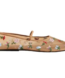 Nude Mesh Ballet Flats for Women Embroidered Floral Round Toe Mary Jane Flats Casual Comfortable Ballerina Flats with Strap