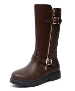Athlefit Girls Riding Boots Fashion Buckle Side Zipper Knee High Boots for Toddler/Little Kid/Big Kid Brown Size 4