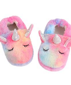 KAKU NANU Toddler Slippers Colorful Rainbow Cute Fluffy Slipper Animal House Shoes for Girls Boys (Rainbow,11-12 Little Kids)