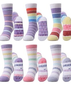 MQELONG Kids Non Slip Fuzzy Socks Girls with Grips Slipper Socks Cozy Fluffy Winter Warm Crew Gift Socks 6 Pack (6 Pairs Mix Color Stripe, 4-7 Years)