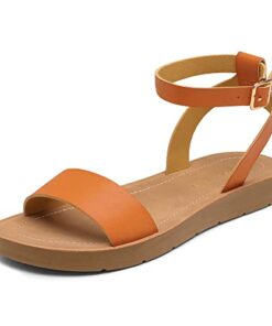 DREAM PAIRS Womens One Band Ankle Strap Buckle Flat Sandal Tan/Pu-elena-5-11