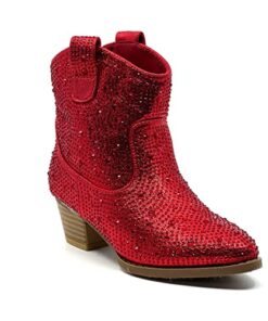 Forever Girls Rhinestone Cowboy Boots Kids Low Heel Dress Booties River-01K Red 11