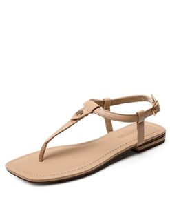 DREAM PAIRS Women’s T-Strap Thong Flat Sandals with Cute Square Toe Strappy for Summer,Size 8.5,Nude,SDFS2301W