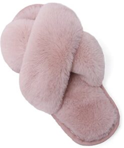 LightFun Girl’s Fuzzy Fluffy Furry Slippers Fur Flip Flop Open Toe kids Slippers Cross Band Shoes Slides for Girls House Home Indoor Outdoor (Pink, 10-11)