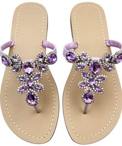 Hinyyrin Women’s Summer Rhinestone Bling Wedding Sandals,Glitter Jeweled Sandals,Dressy Flat Sandals,Beach Flip-Flops, Size 8 Purple Lavender