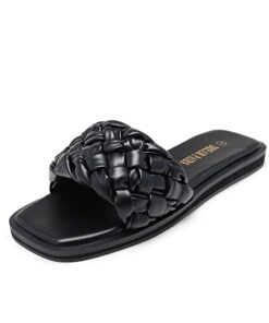 DREAM PAIRS Women’s Square Open Toe Slide Sandals Cute Slip on Braided Strap Rhinestone Flat Sandals for Summer,Size 8.5,BLACK/WEAVE,SDSS2212W