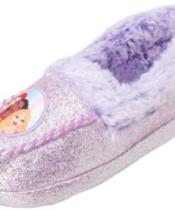 Disney Girls’ Princesses Slippers – Fuzzy Slipper Moccasins – Non-Skid Slippers (Little/Big Girl), Size 4-5, Lavender Princess