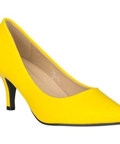 ILLUDE Classic Pointed Toe Pumps – Comfortable Low Stiletto Heel Pump Shoes – Cherry (11, Yellow PU)