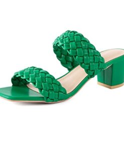 N.N.G Women Heeled Sandals Braided Woven Block Heel Green Size 9.5 Square-toe Leather Comfortable Low Heel Casual Sandals