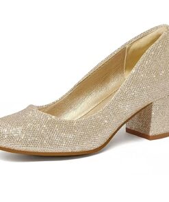 mysoft Women’s Pumps Low Chunky Block Heel Round Toe Comfortable Dress Shoes Gold Glitter