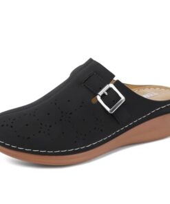 TEMOFON Clogs for Women Slip on Mules: Comfortable Dressy Clogs – Closed Toe Sandals Woman Black Size 7 – Wedge Low Heel Platform Shoes