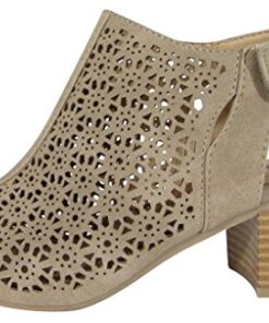 City Classified Footwear Women’s Elect Caged Geometric Laser Cut Out Peep Toe Slingback Chunky Stacked Heel Ankle Bootie,Light Taupe Nbpu,8.5