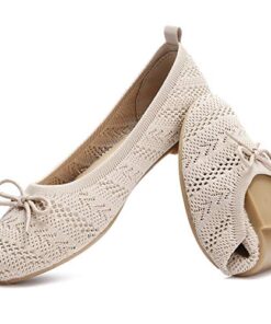 HEAWISH Women’s Flats Shoes Comfortable Black Beige Flats Crochet Lace Mesh Round Toe Slip On Casual Ballet Flats Dress Shoes(Beige, US8)